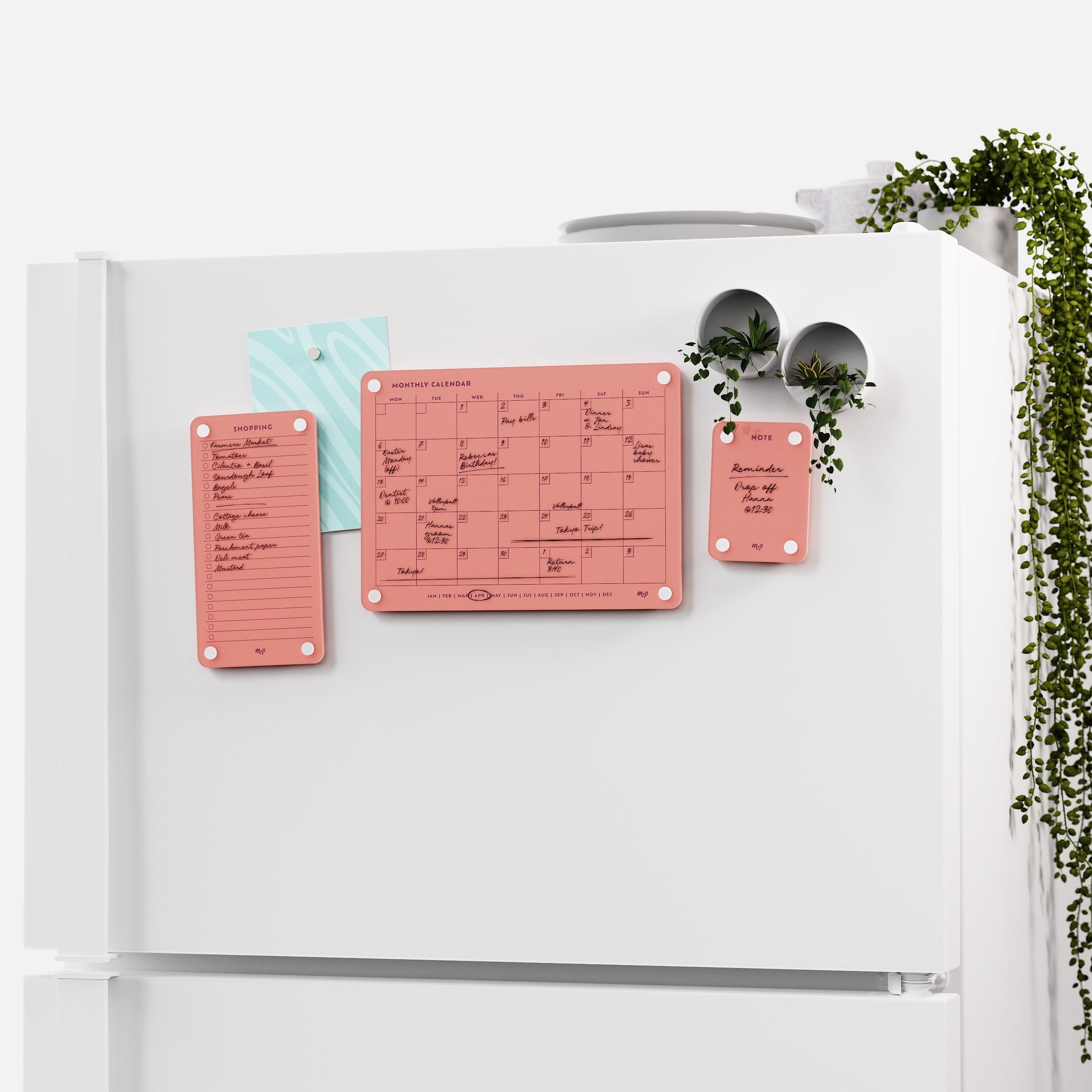 White fridge with the Coral shopping list, monthly calendar and note board and two magnetic planters